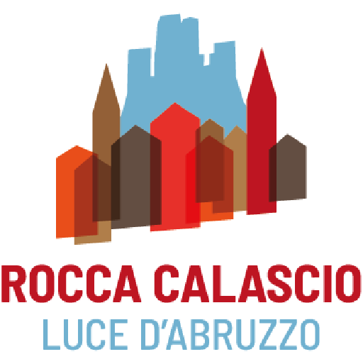 Logo di Rocca Calascio Luce d'Abruzzo. Il logo mostra una stilizzazione astratta del profilo di un borgo con edifici di diverse altezze e colori trasparenti (blu chiaro, marrone, rosso, arancione). Sotto l'immagine, il testo "ROCCA CALASCIO" in rosso e "LUCE D'ABRUZZO" in azzurro.