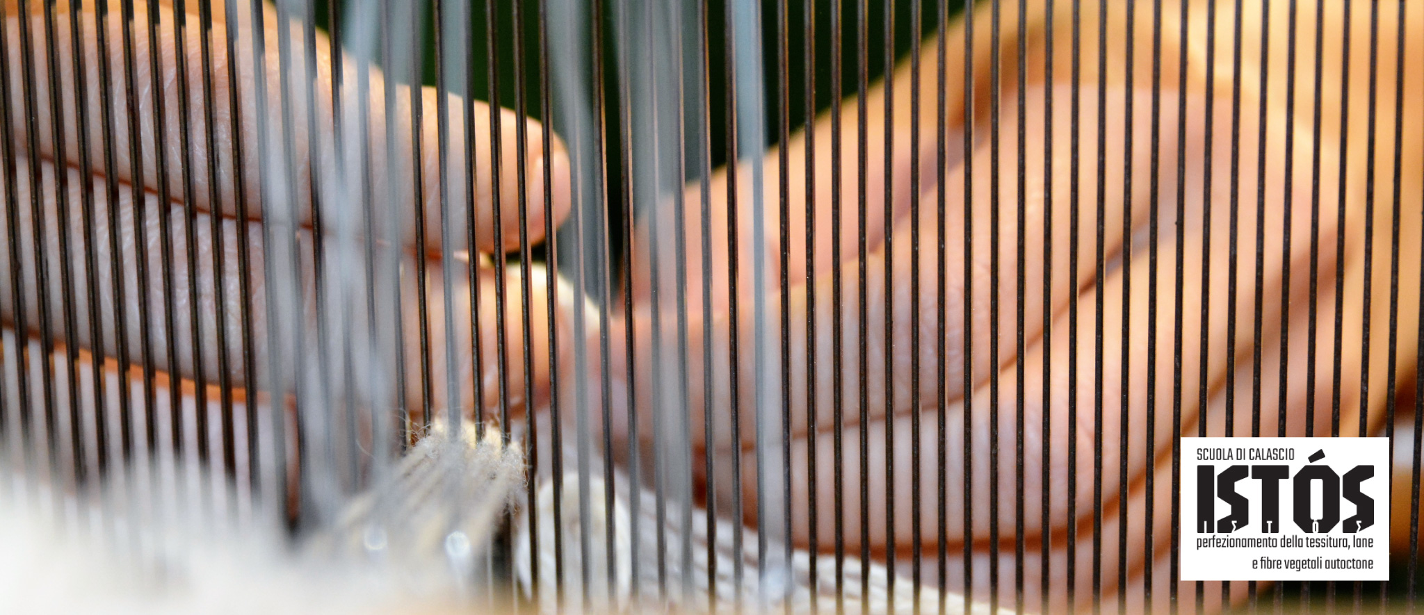 Primo piano delle mani di una persona, parzialmente sfocate e visibili tra una fitta serie di fili verticali e sottili, probabilmente l'ordito di un telaio. Le dita sembrano impegnate nel delicato processo di tessitura o nella preparazione dei fili, guidandoli attraverso il meccanismo del telaio. L'illuminazione calda e lo sfondo sfocato mettono in risalto l'azione manuale e la trama intricata dei fili.