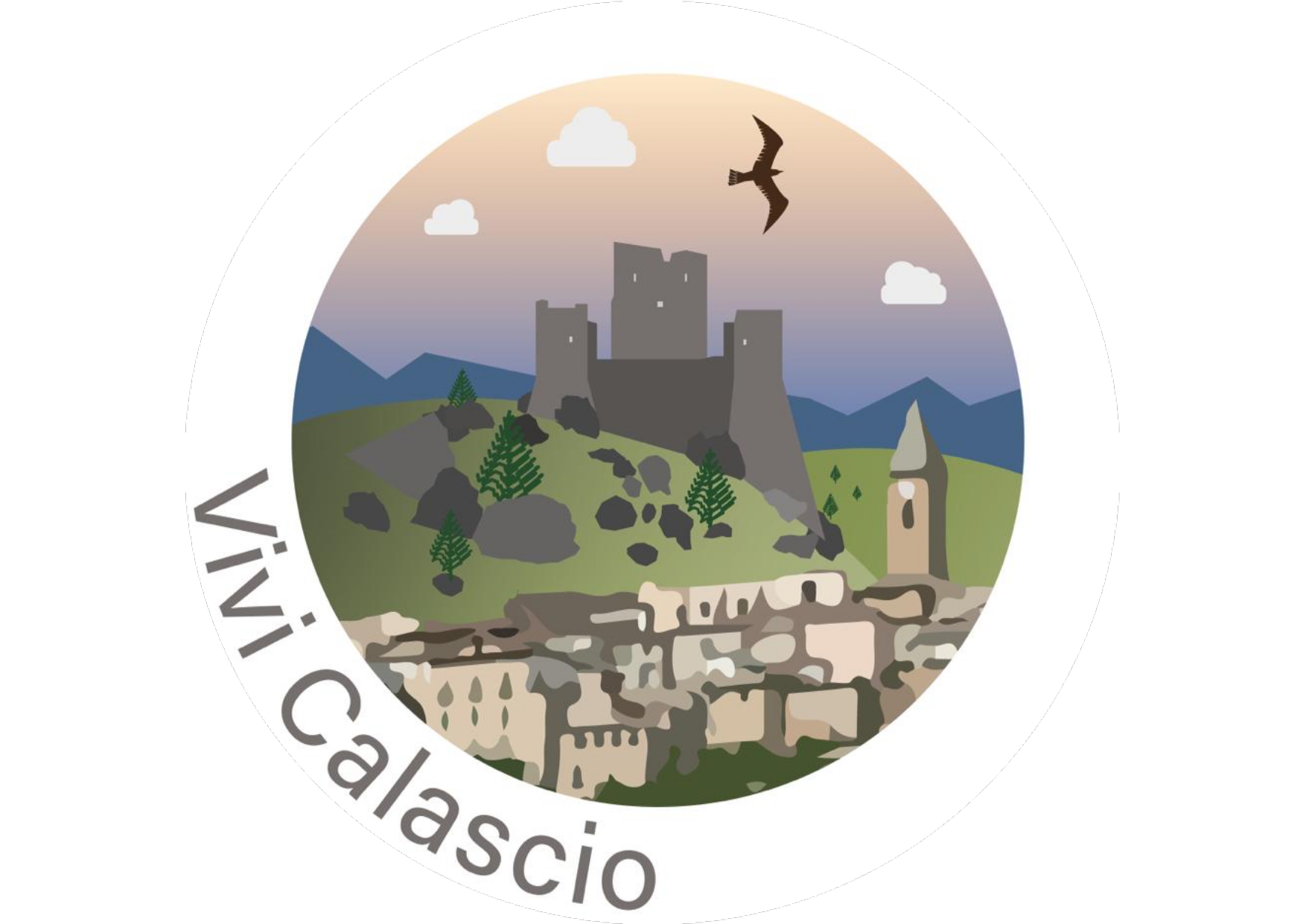 Logo rotondo "Vivi Calascio" con illustrazione del borgo di Calascio e il suo castello Rocca Calascio sotto un cielo nuvoloso con un uccello in volo.