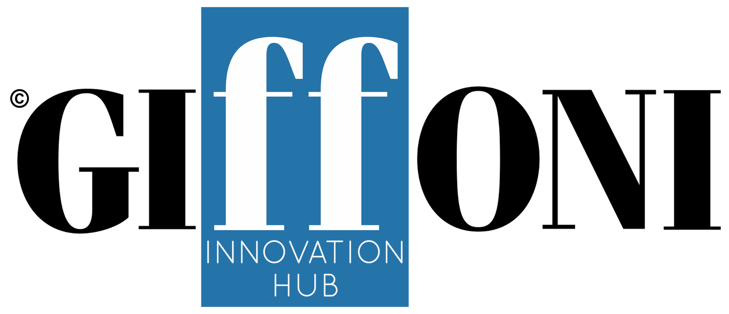 Il logo di Giffoni Innovation Hub. Presenta la parola "GIFFONI" in testo nero sulla sinistra, seguita da un piccolo simbolo di marchio registrato. A destra, un rettangolo verticale blu scuro contiene due grandi lettere "ff" maiuscole, stilizzate con un carattere serif elegante e in colore bianco. Sotto le "ff", le parole "INNOVATION" e "HUB" sono scritte in bianco con un carattere sans-serif più sottile e moderno, disposte su due righe.