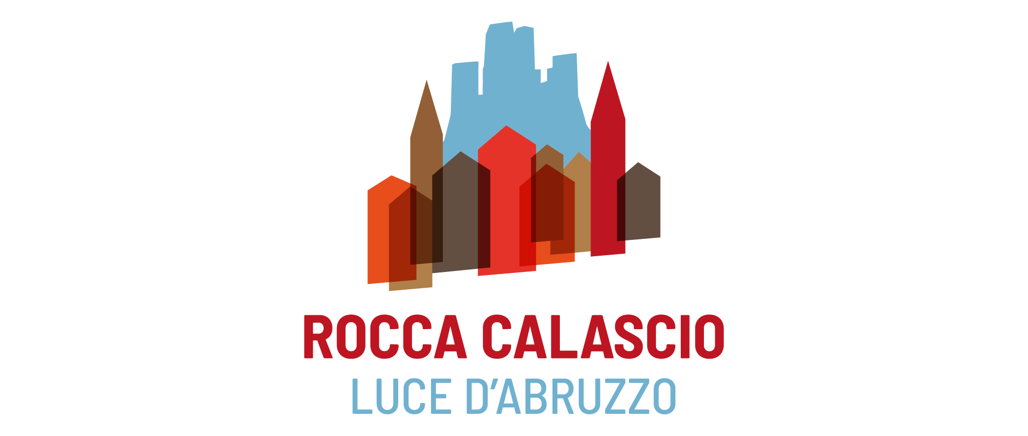 Logo stilizzato di Rocca Calascio con sagome sovrapposte di edifici e un castello in tonalità di rosso, marrone e blu, con il testo "ROCCA CALASCIO" in rosso e "LUCE D'ABRUZZO" in azzurro sotto.
